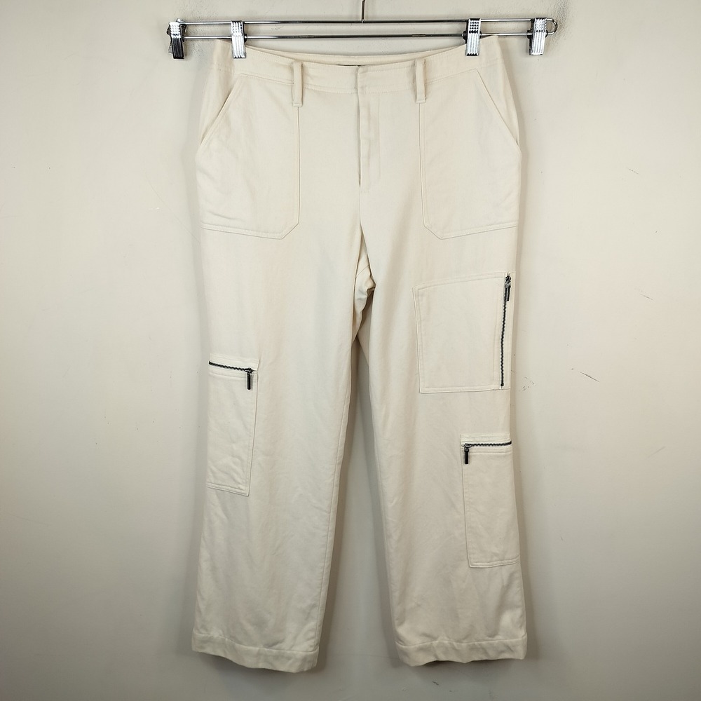 Lauren Ralph Lauren 100% Wool Cargo Pants 10 Zipper Pockets High Waist Cream